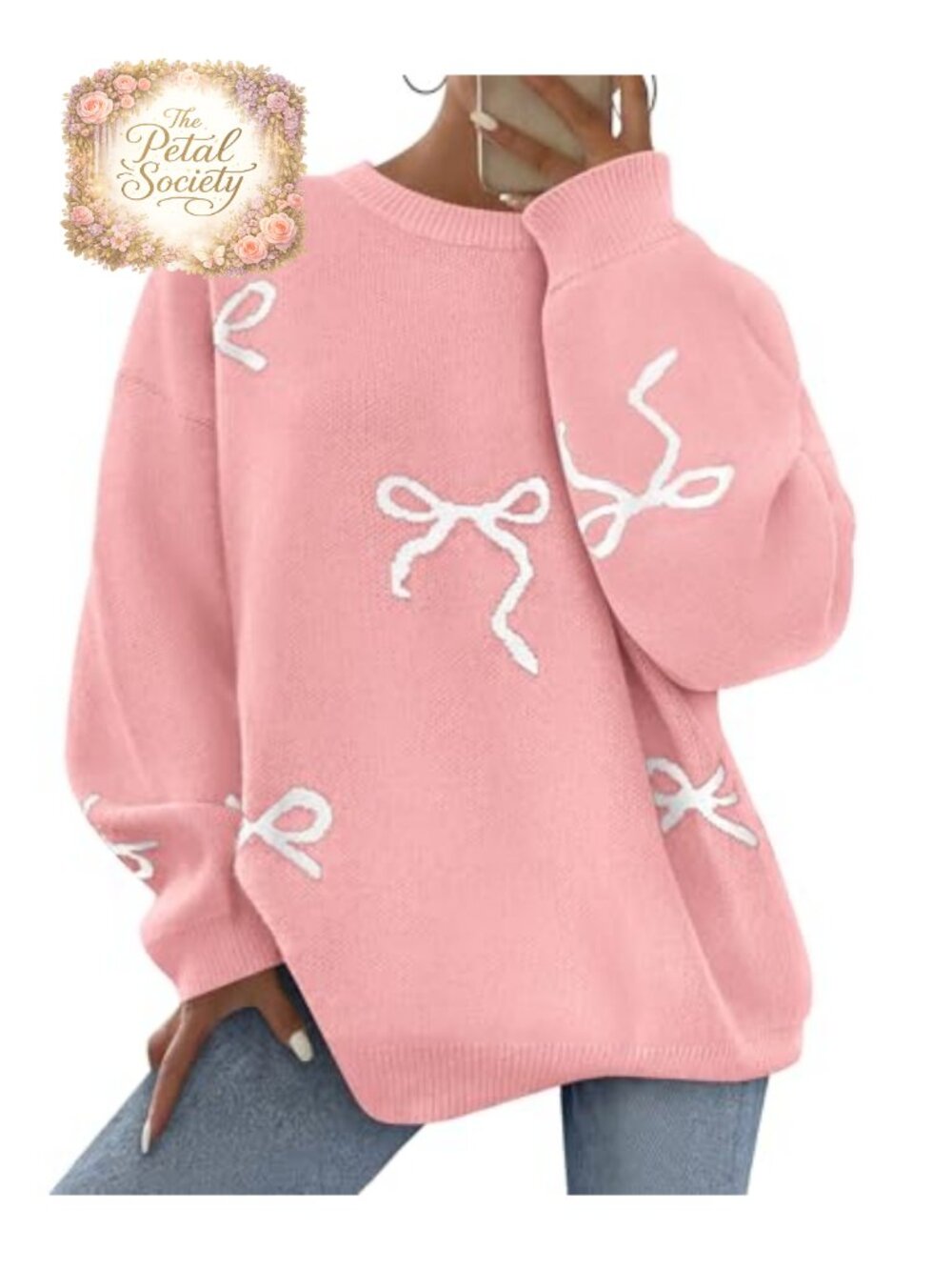 Women Bow Print Oversized Chunky Knit Pullover Sweater Long Sleeve Crew Neck